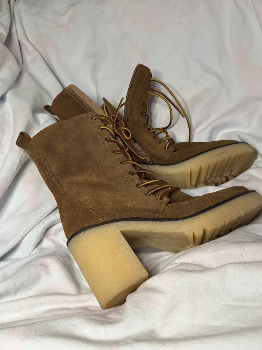Free People Brown Suede Lace-Up Boots, Chunky Heel, Size 41